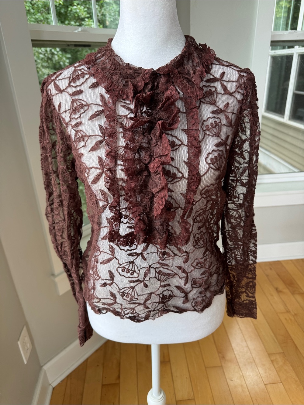 Vintage Brown Floral Lace Ruffle Blouse